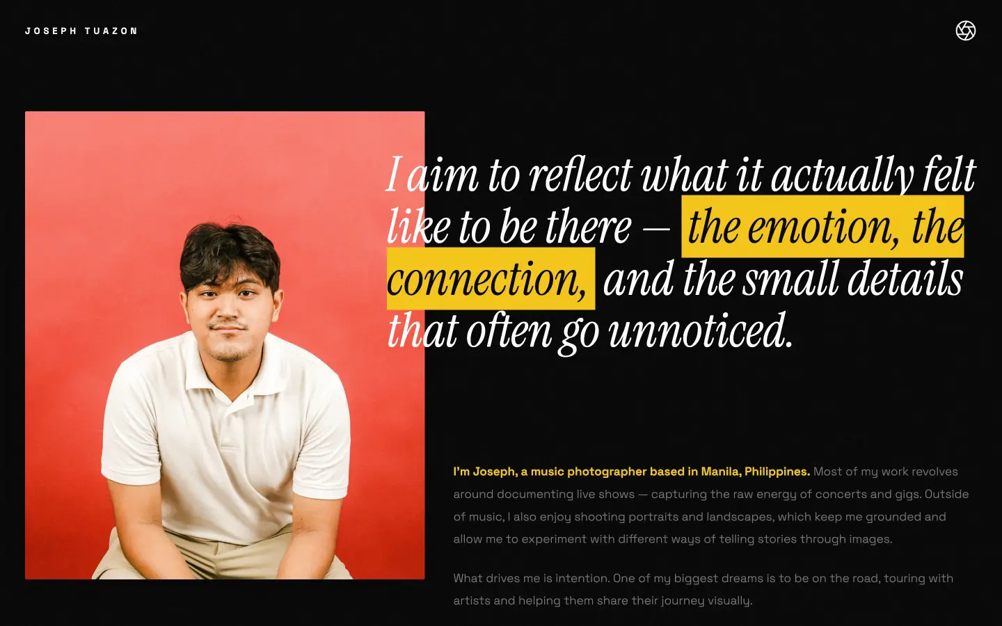 About: pull-quote beside a self-portrait