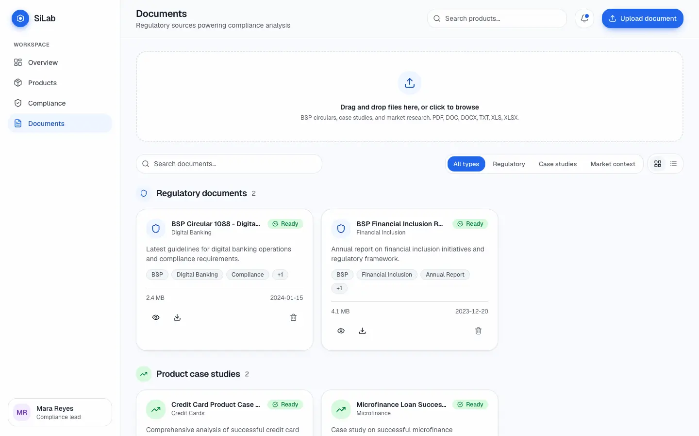 Regulatory document library with status badges