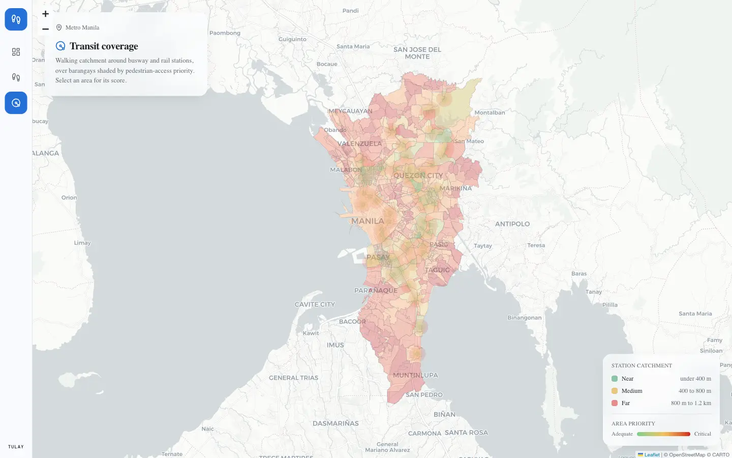 Transit walking-catchment coverage map